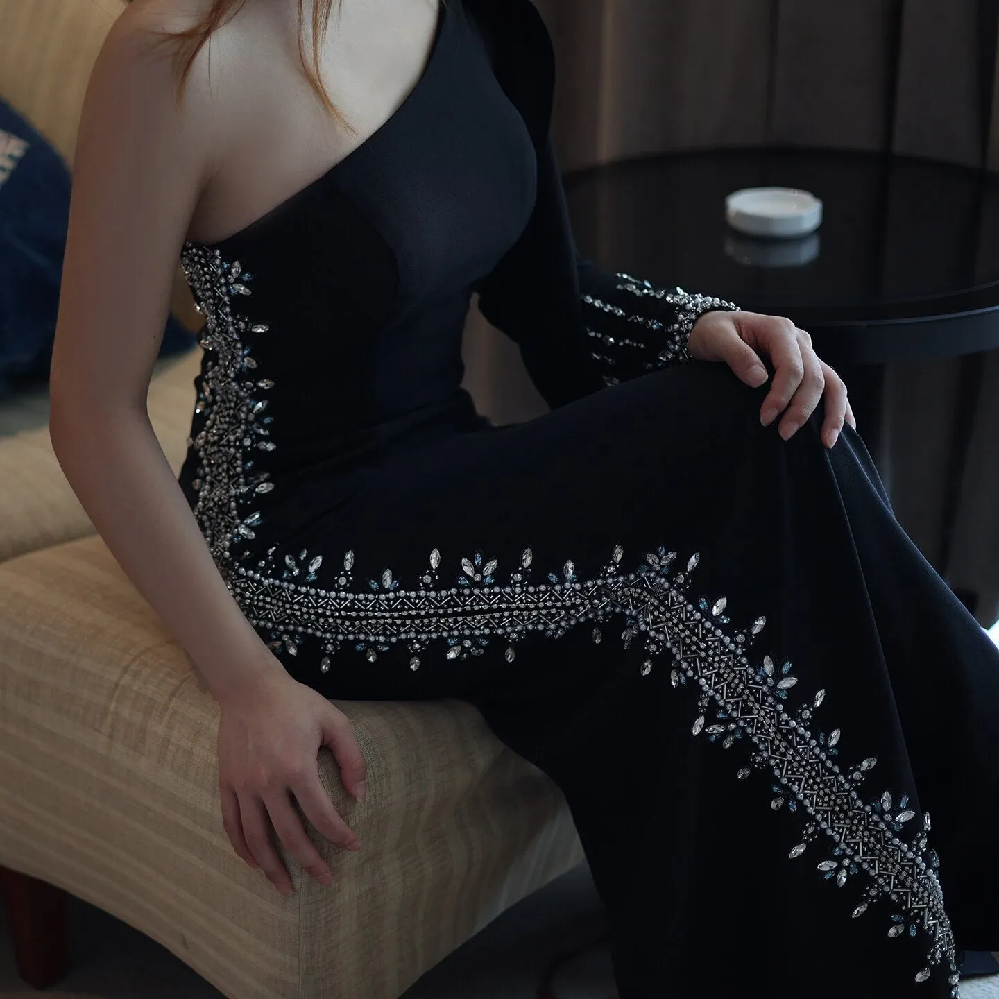 Black One Shoulder Mermaid Evening Dress with Cape Sleeve SS389