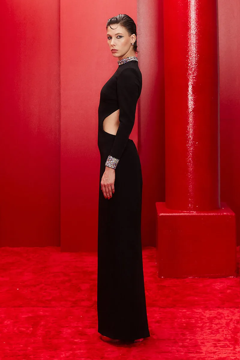 BLACK OPEN-BACK DRESS WITH EMBROIDERED