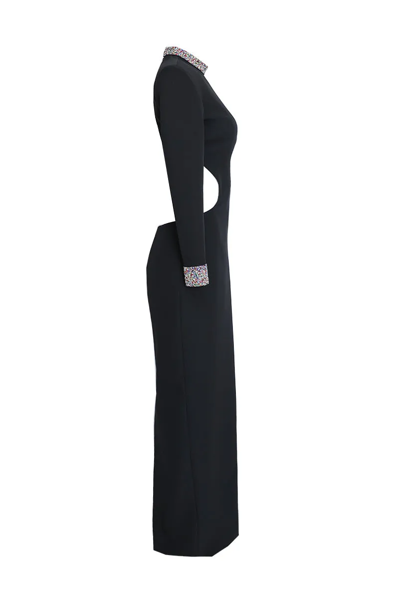 BLACK OPEN-BACK DRESS WITH EMBROIDERED