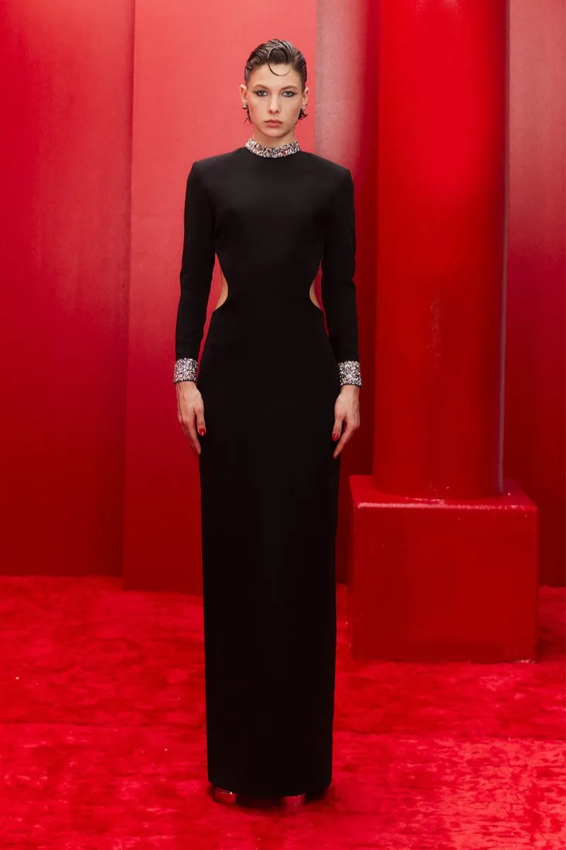 BLACK OPEN-BACK DRESS WITH EMBROIDERED