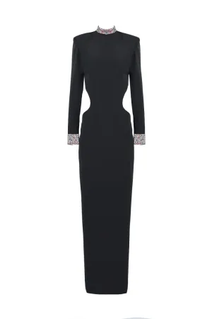 BLACK OPEN-BACK DRESS WITH EMBROIDERED