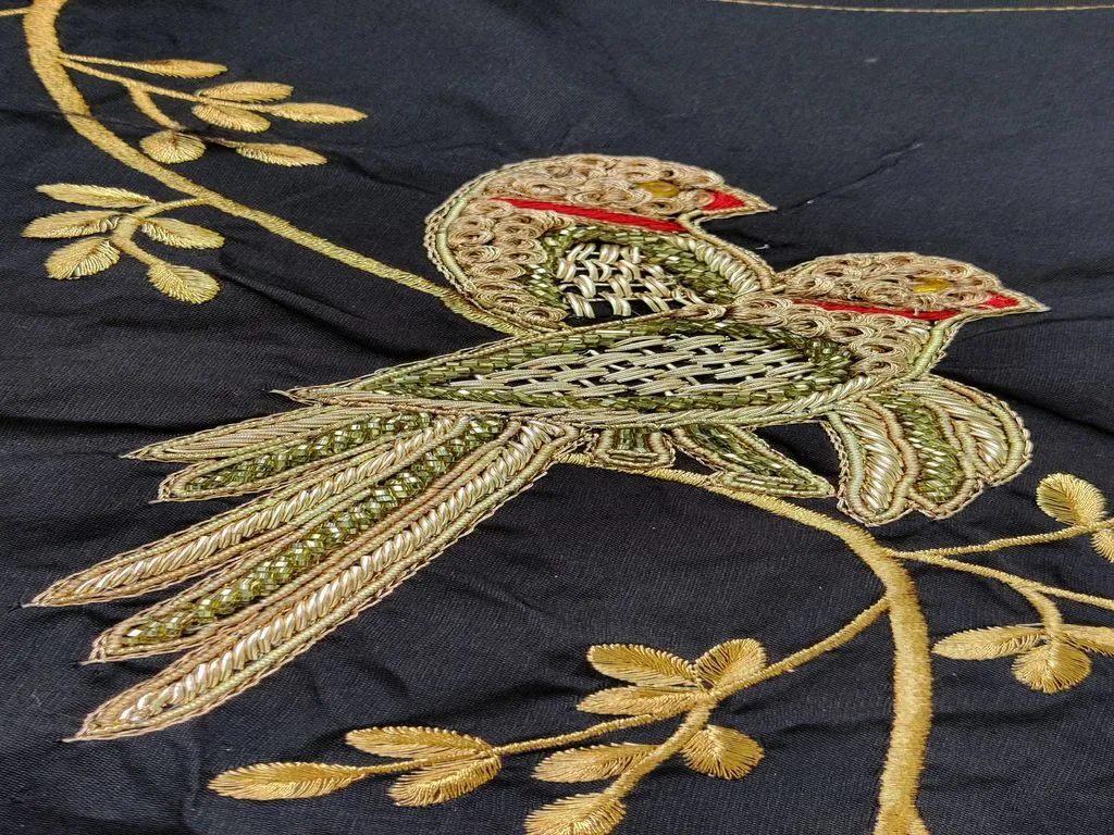 Black Taffeta Silk Golden Bird Designer Handwork Patch