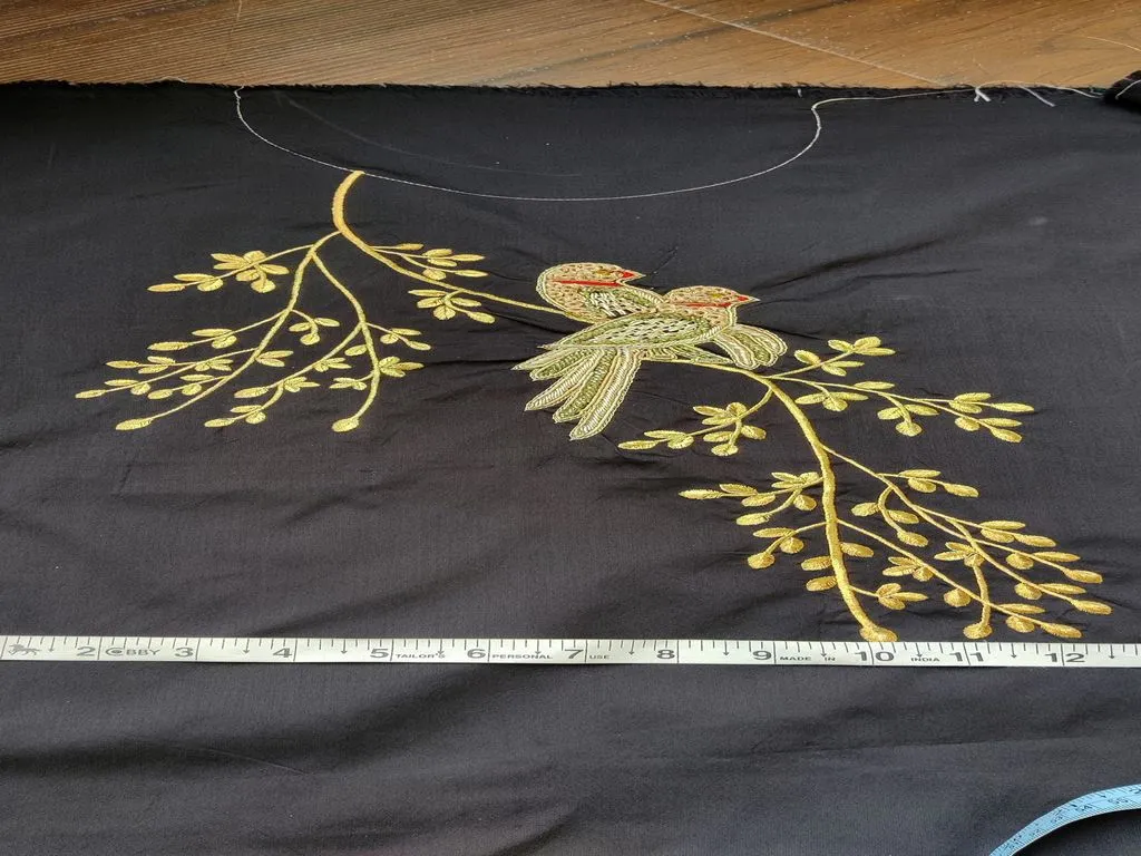 Black Taffeta Silk Golden Bird Designer Handwork Patch