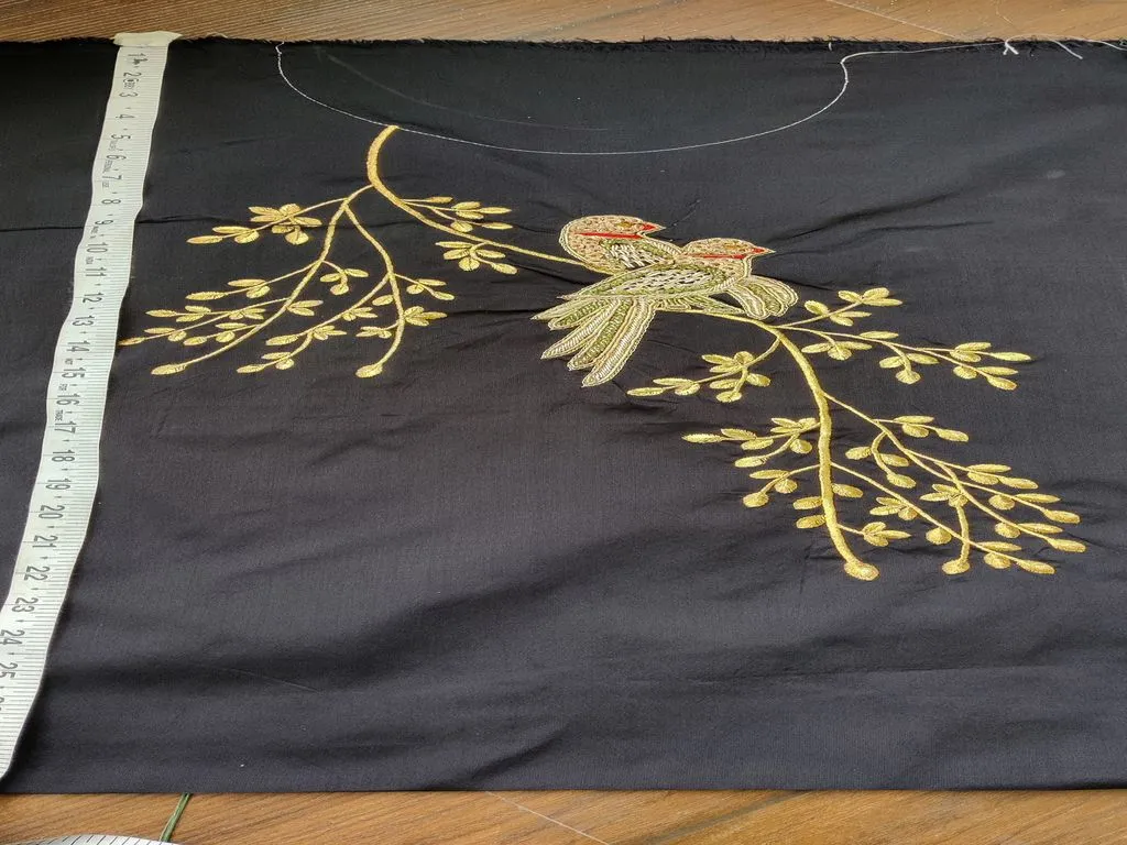 Black Taffeta Silk Golden Bird Designer Handwork Patch
