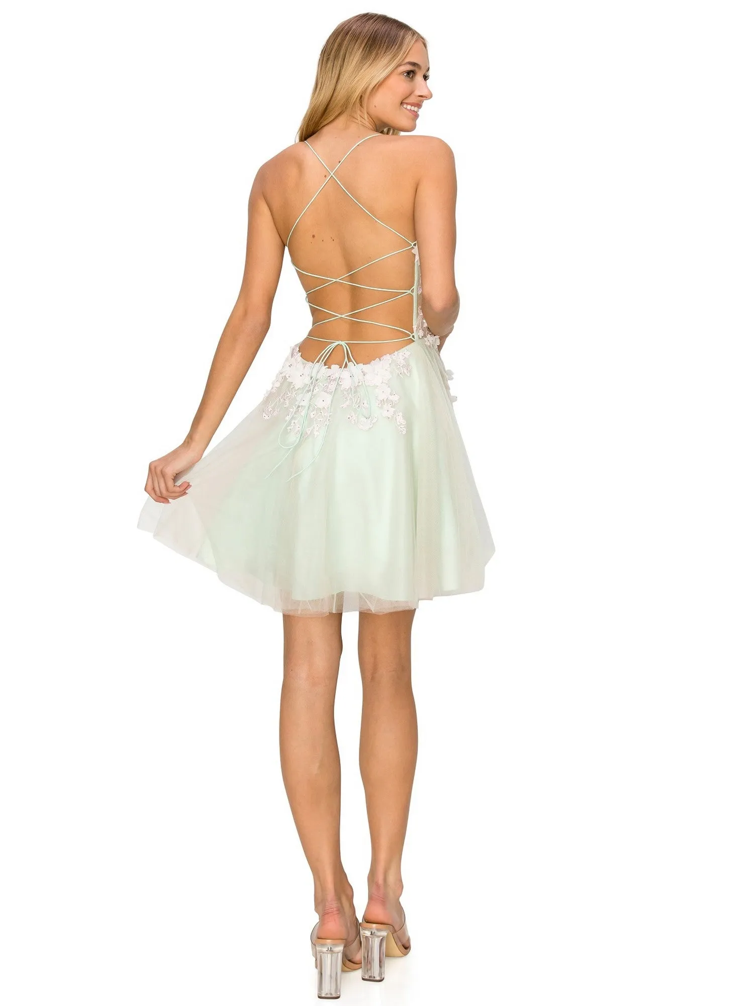 Bliss 3D Flower Sheer Corset Top Tulle Party Dress for Women with Open Spaghetti Back, Sizes XS-3XL