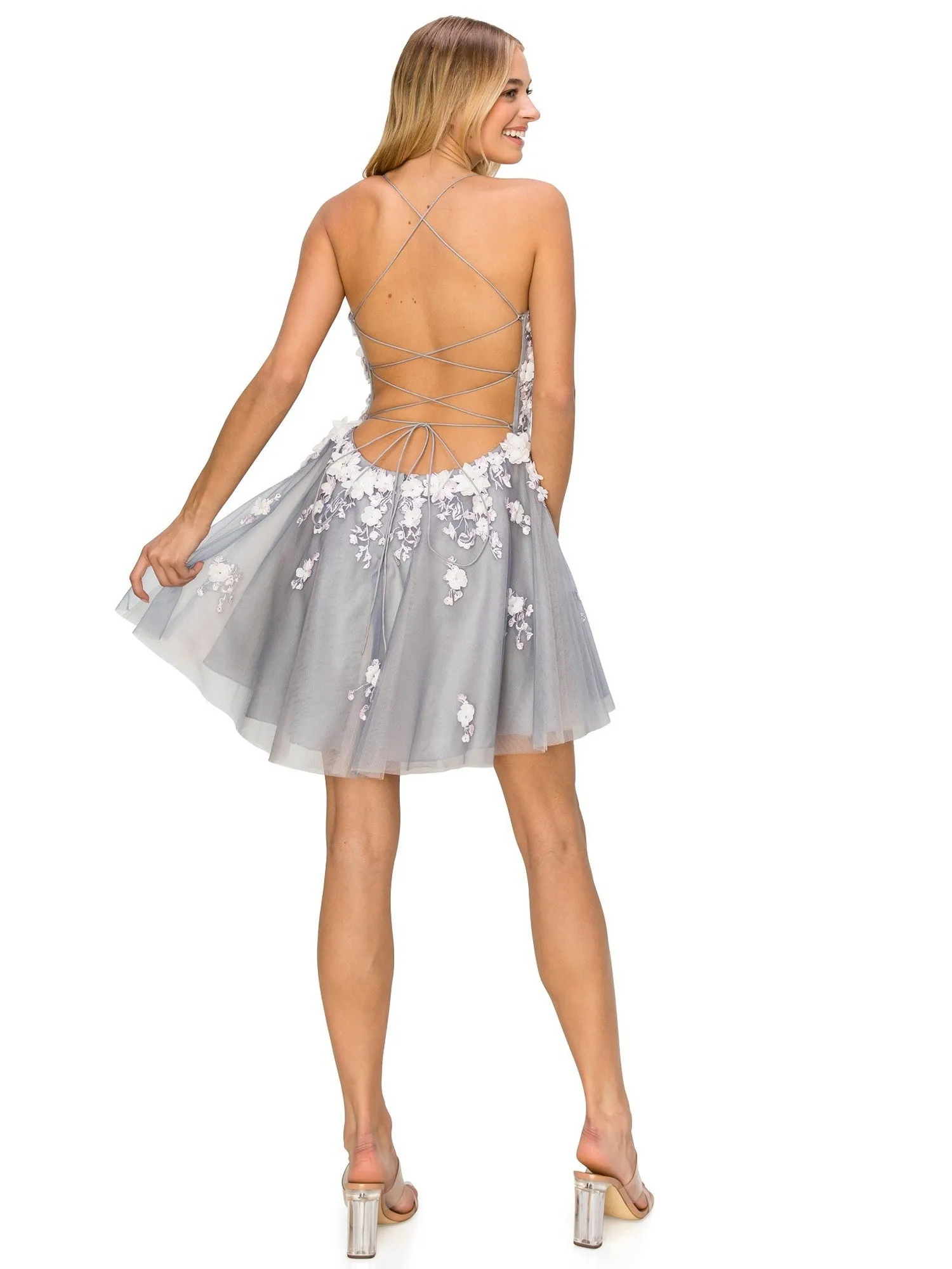 Bliss 3D Flower Sheer Corset Top Tulle Party Dress for Women with Open Spaghetti Back, Sizes XS-3XL