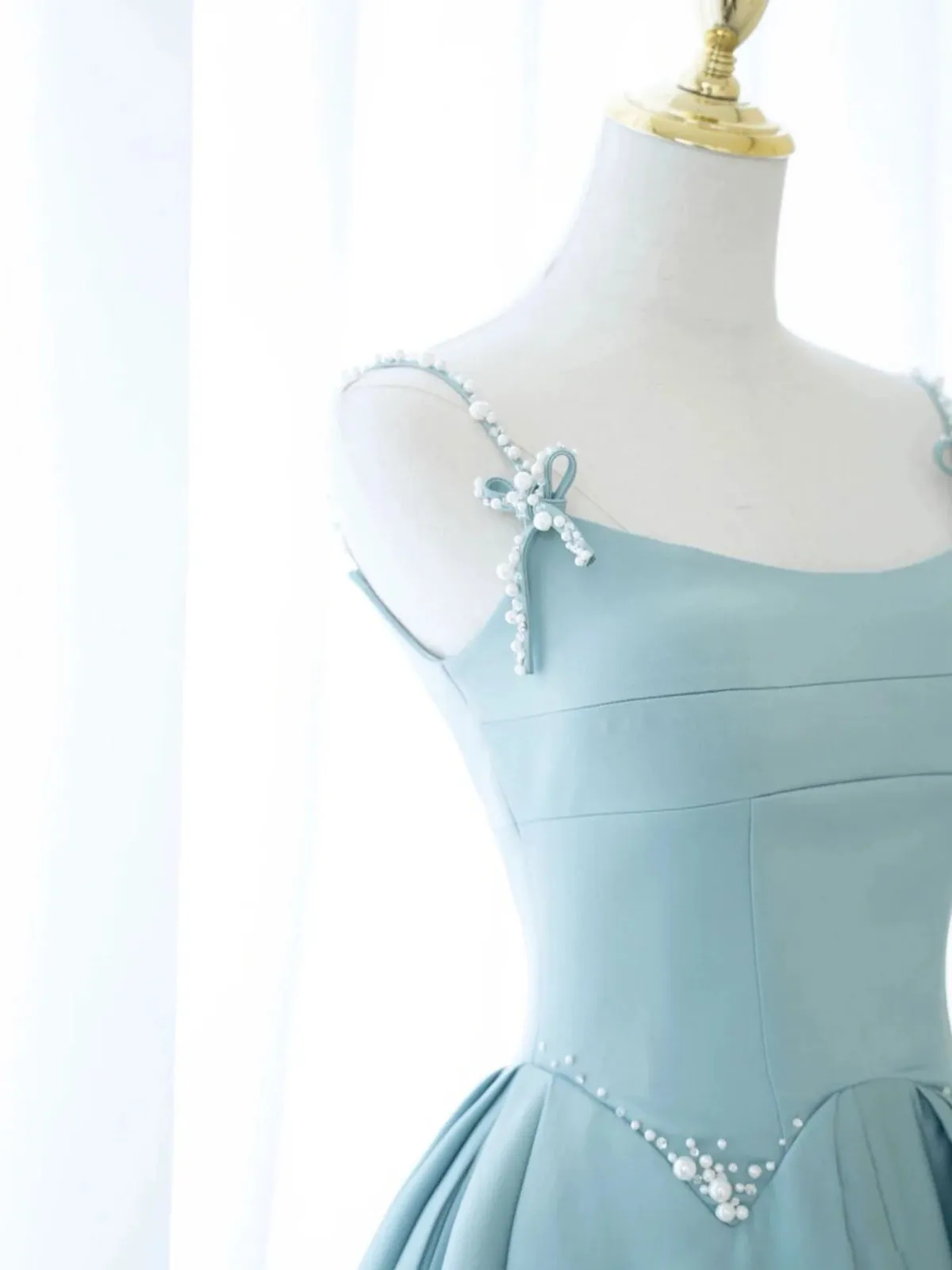 Blue Long Beaded Prom Dresses, Long Blue Beaded Formal Evening Dresses