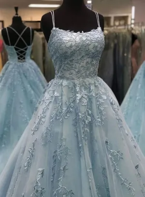 Blue tulle lace long prom dress, blue evening dresses