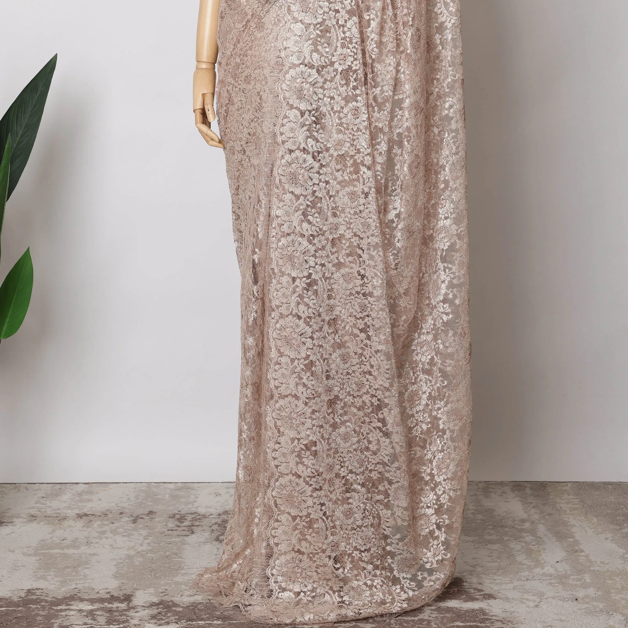 Blush Pink Metallic French Chantilly Lace Fabric – 5.5 Meters, Floral Design, 110 cm Width-D21078
