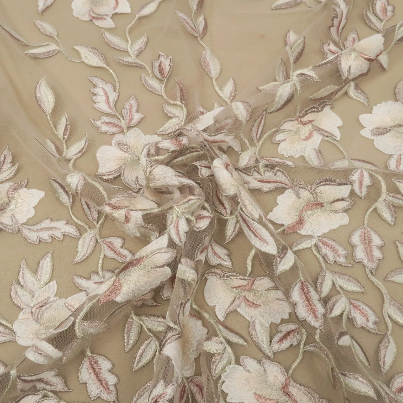 Blush Tulle with Light Pink Floral Embroidery Fabric