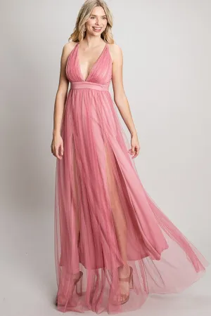 Blush/Mauve Mesh Long Dress