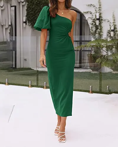 BTFBM Women Casual One Shoulder Maxi Dress Puff Short Sleeve Cutout Split Party Wedding Guest 2023 Summer Beach Dresses(Solid Green, Small)