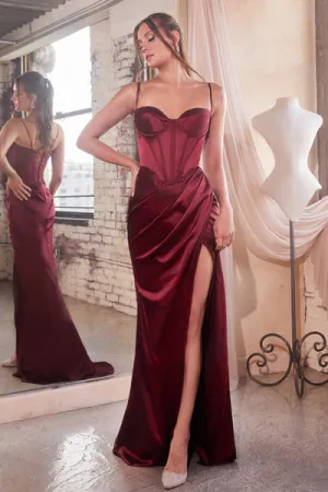 Burgundy Fitted Corset Satin Draped Gown