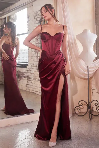Burgundy Fitted Corset Satin Draped Gown