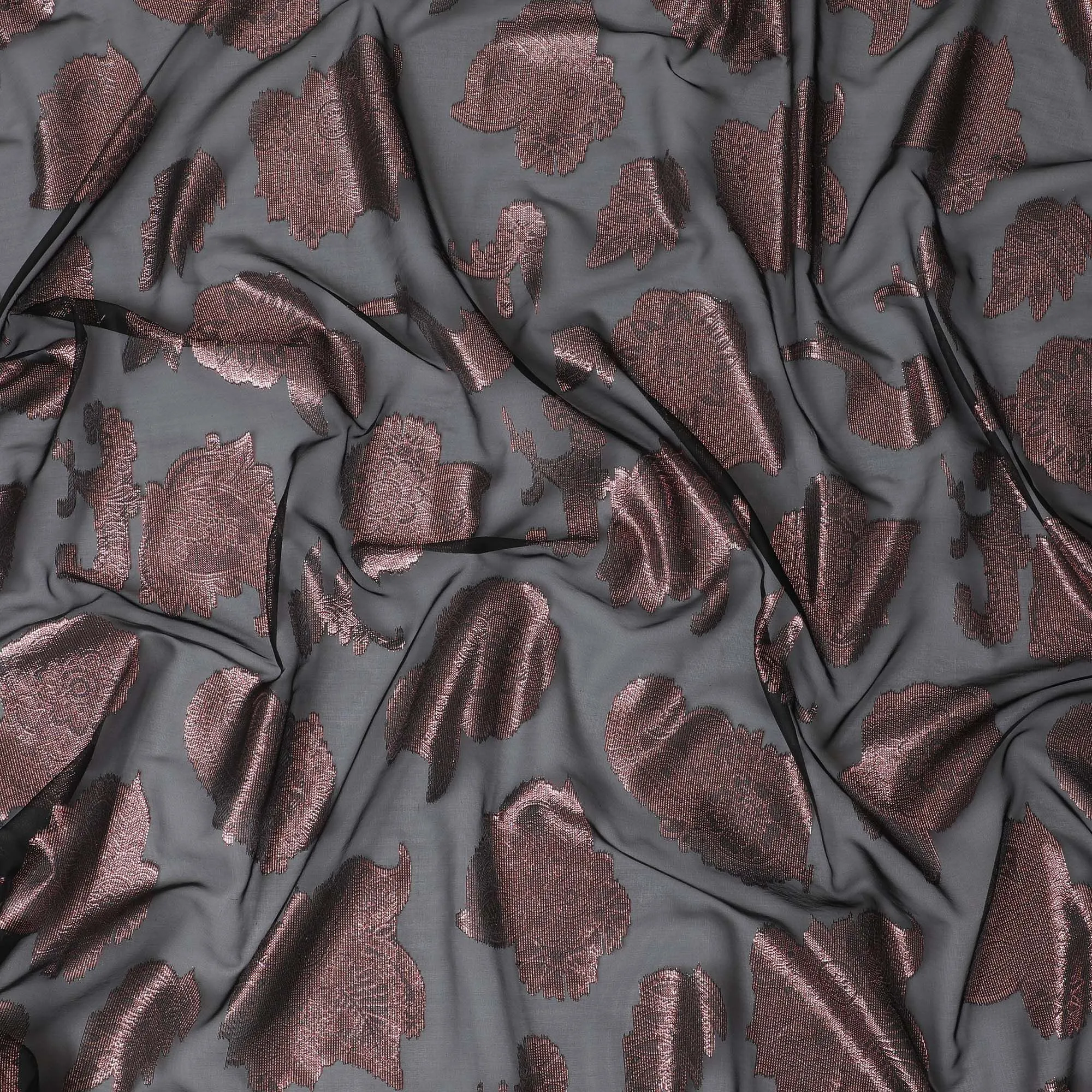 Charcoal Elegance Pure Fransawi Silk Chiffon Fabric with Rose Copper Florals, 110cm Width - Traditional Garbasaar, Piece of 2.0 Mtrs-D18646