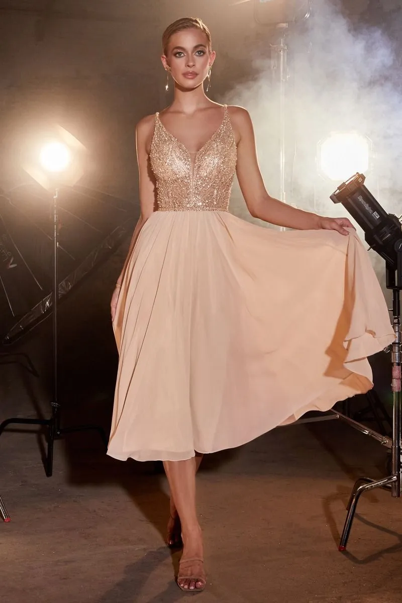 CHIFFON A-LINE TEA LENGTH DRESS CDCD0225