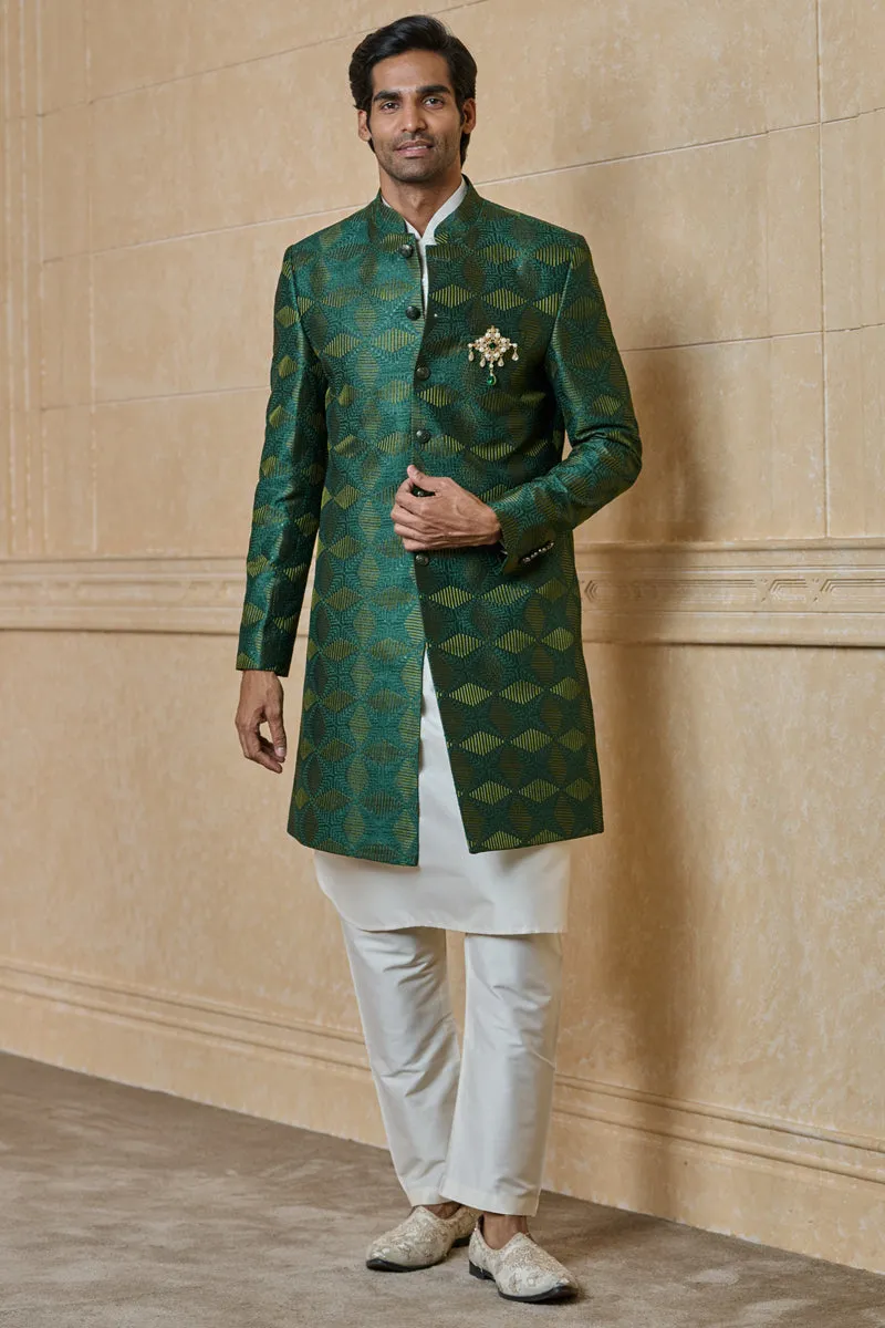 Dark Green All Over Embroidered Indo Western