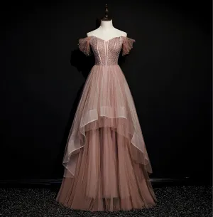 Dark Pink Tulle Beaded Layer Tulle Long Evening Dress, Charming Prom Dress