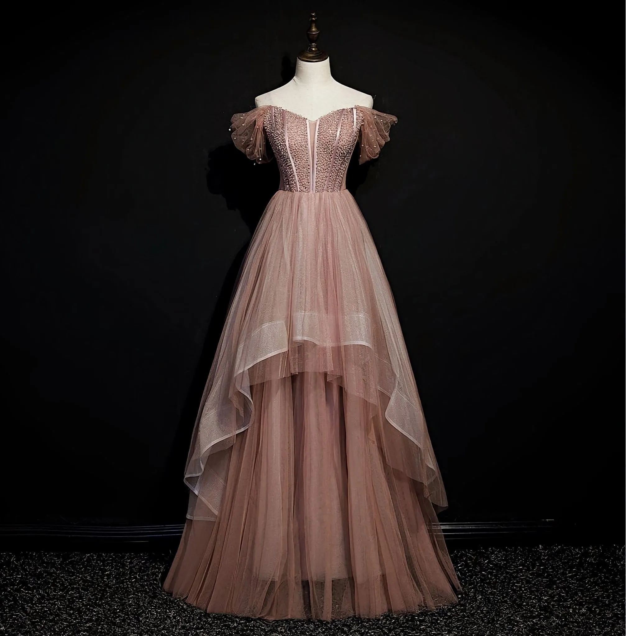 Dark Pink Tulle Beaded Layer Tulle Long Evening Dress, Charming Prom Dress
