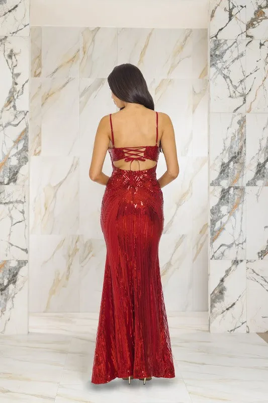 Dark Red Sleeveless Maxi Dress Featuring Right Leg Slit