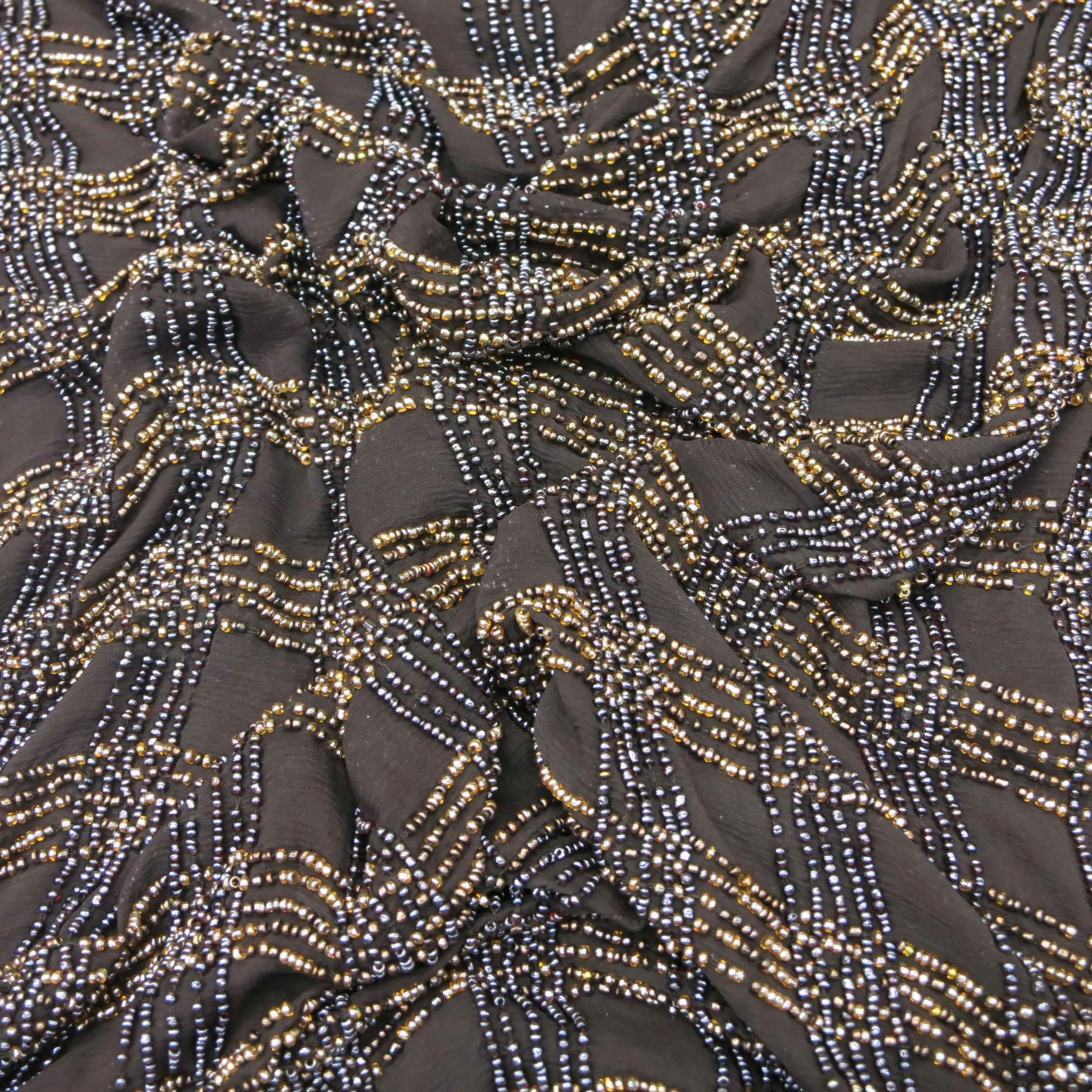 Davy Gray and Gold Pearls on a Black Embroidered Chiffon with Beads