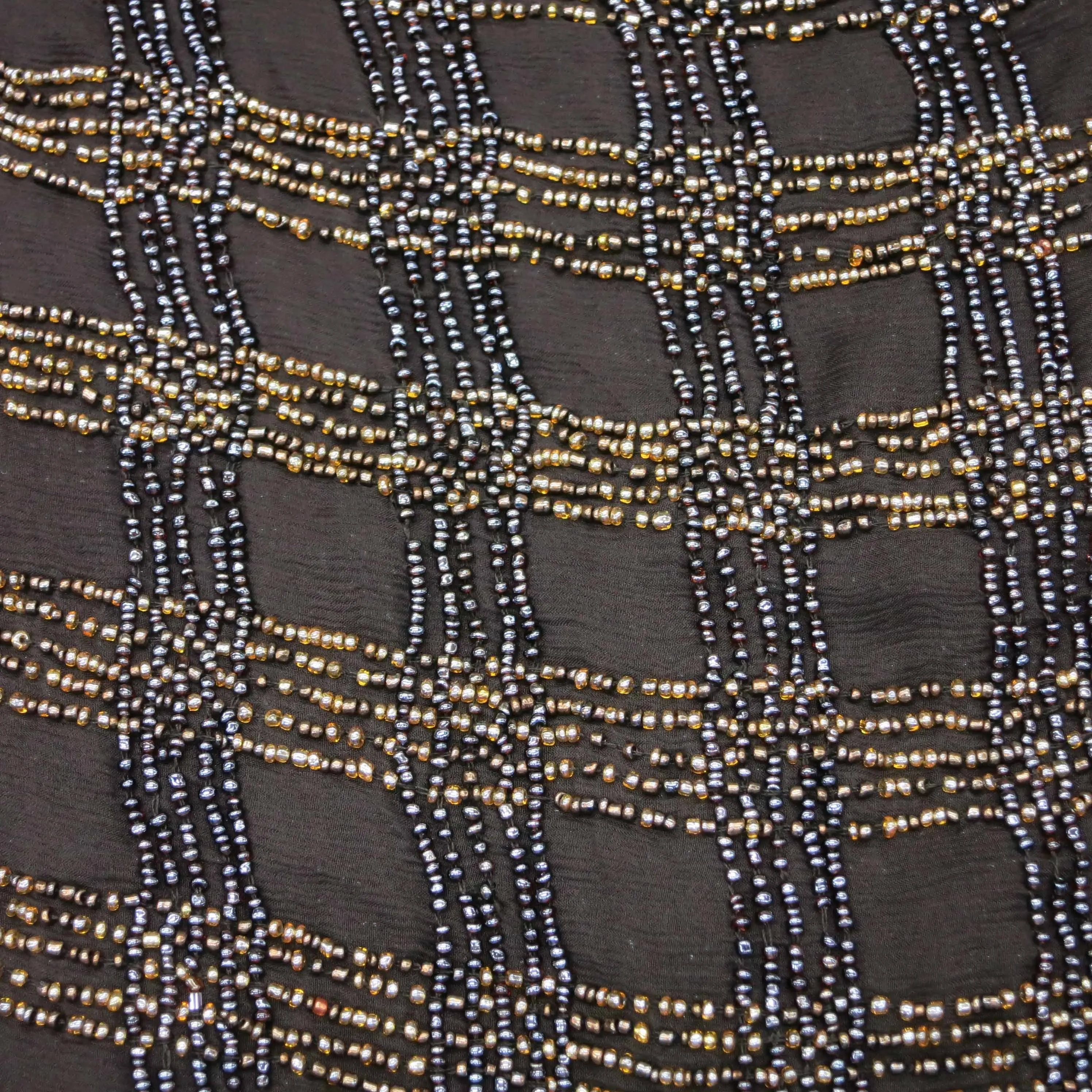 Davy Gray and Gold Pearls on a Black Embroidered Chiffon with Beads