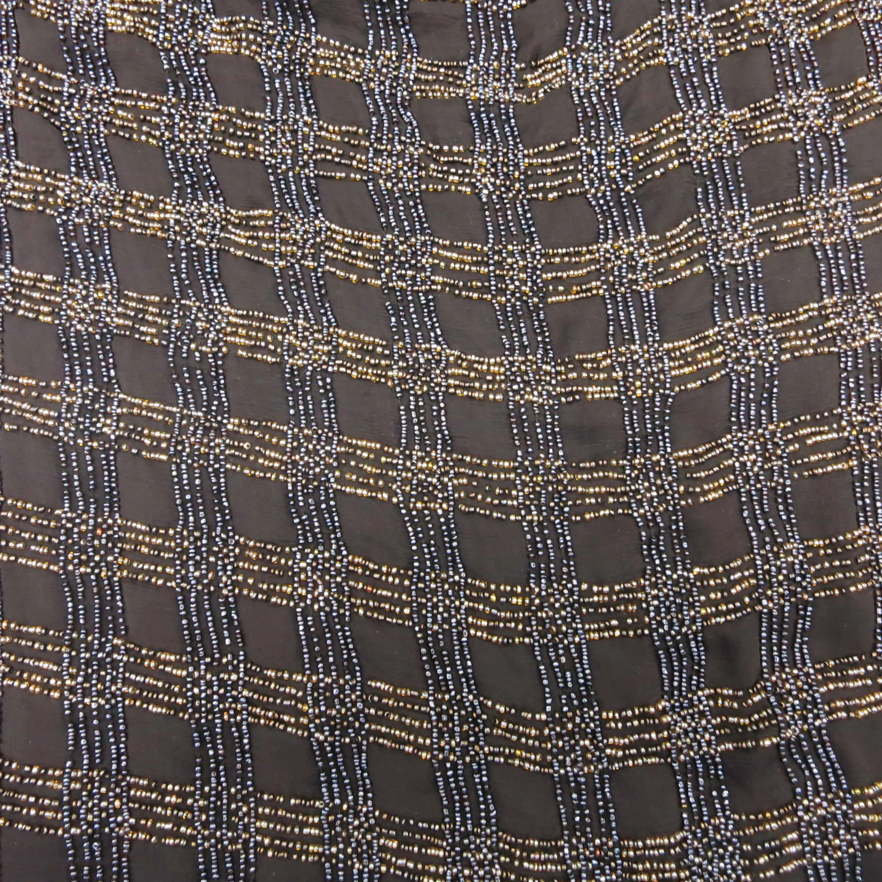 Davy Gray and Gold Pearls on a Black Embroidered Chiffon with Beads