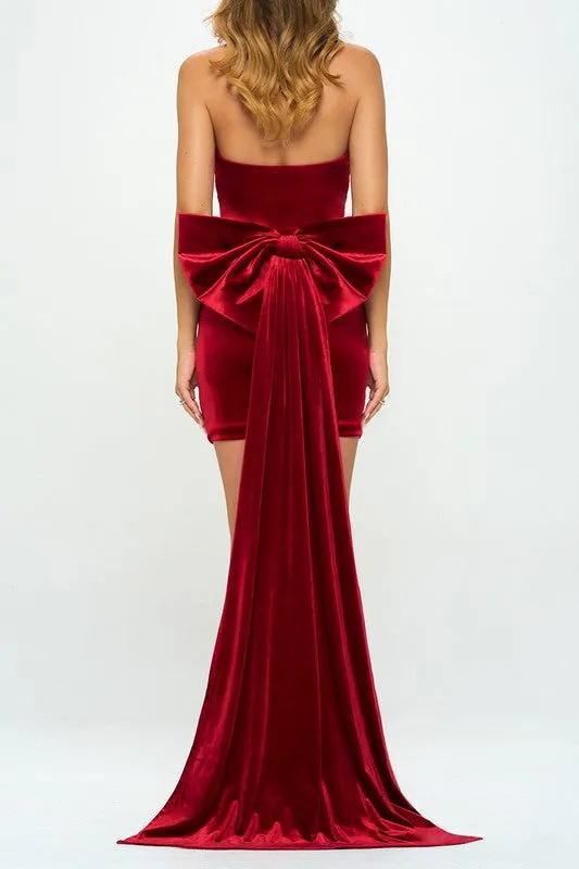 Deep Red Velvet Bow Train Bodycon Mini Dress