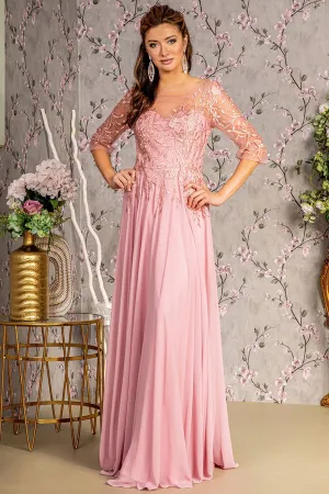 Dusty Rose 3/4 Sleeve Illusion Top A Line Mob Dress