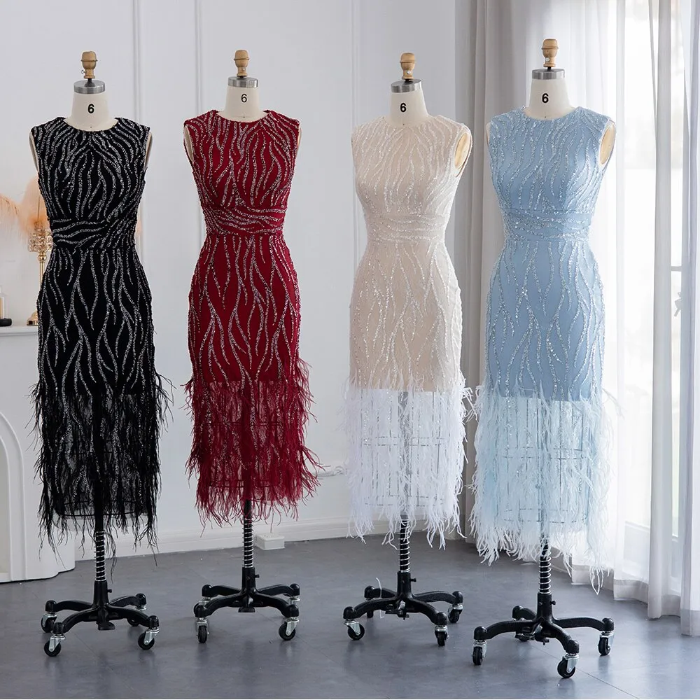 Elegant Light Blue Lace Feathers Beading Evening Dress SS499