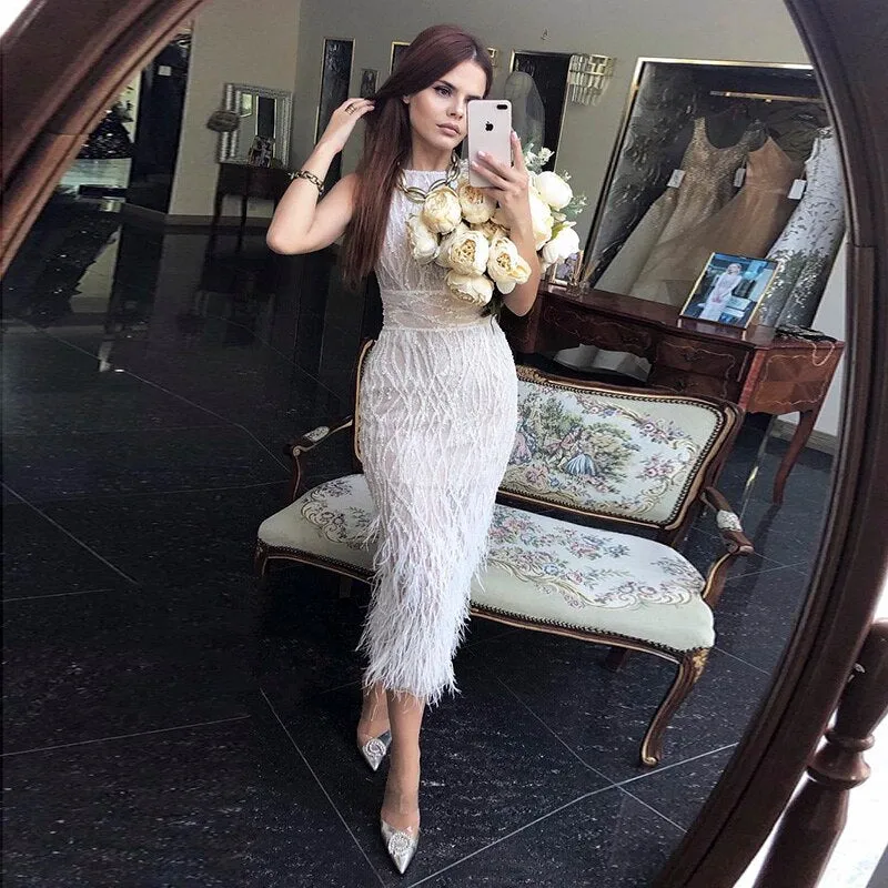 Elegant Light Blue Lace Feathers Beading Evening Dress SS499