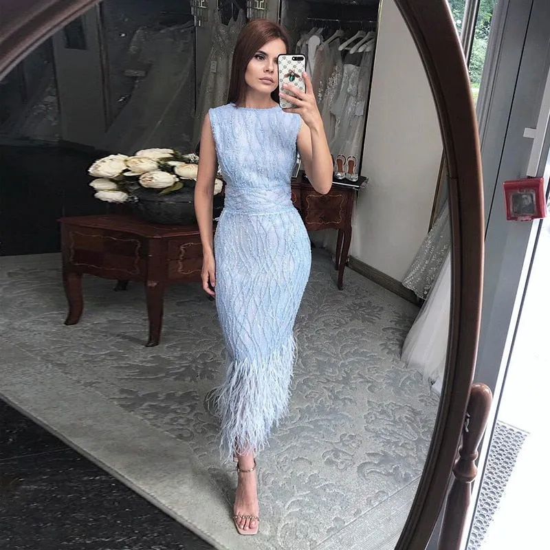 Elegant Light Blue Lace Feathers Beading Evening Dress SS499