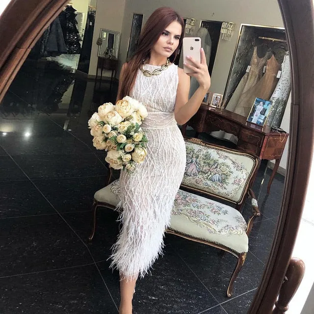 Elegant Light Blue Lace Feathers Beading Evening Dress SS499