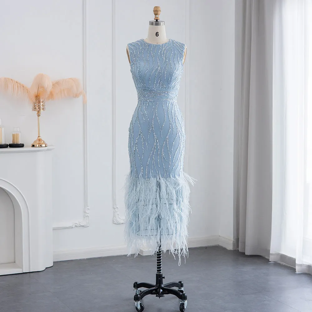 Elegant Light Blue Lace Feathers Beading Evening Dress SS499