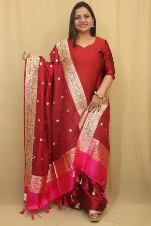 Elegant Maroon Handloom Banarasi Pure Katan Silk Dupatta