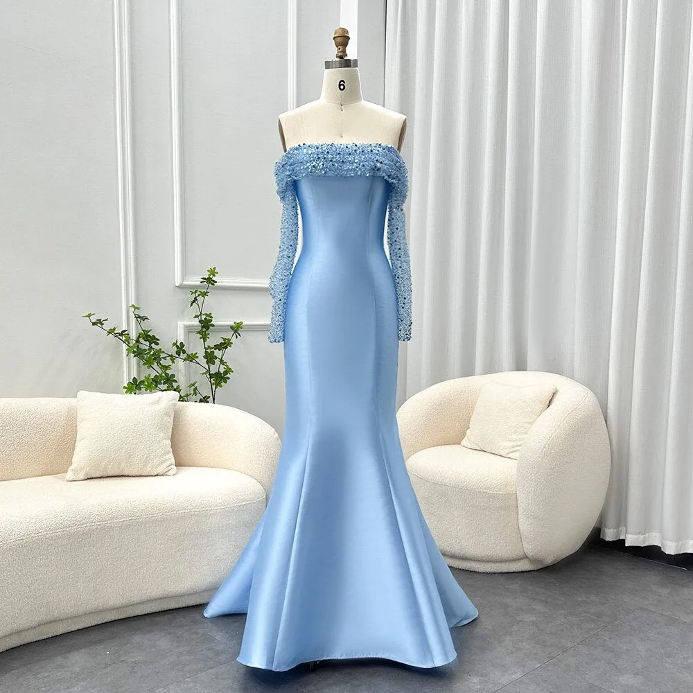 Elegant Off Shoulder Blue Long Sleeves Mermaid Evening Dress SF079