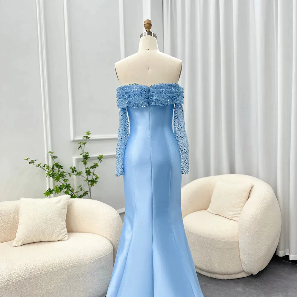Elegant Off Shoulder Blue Long Sleeves Mermaid Evening Dress SF079