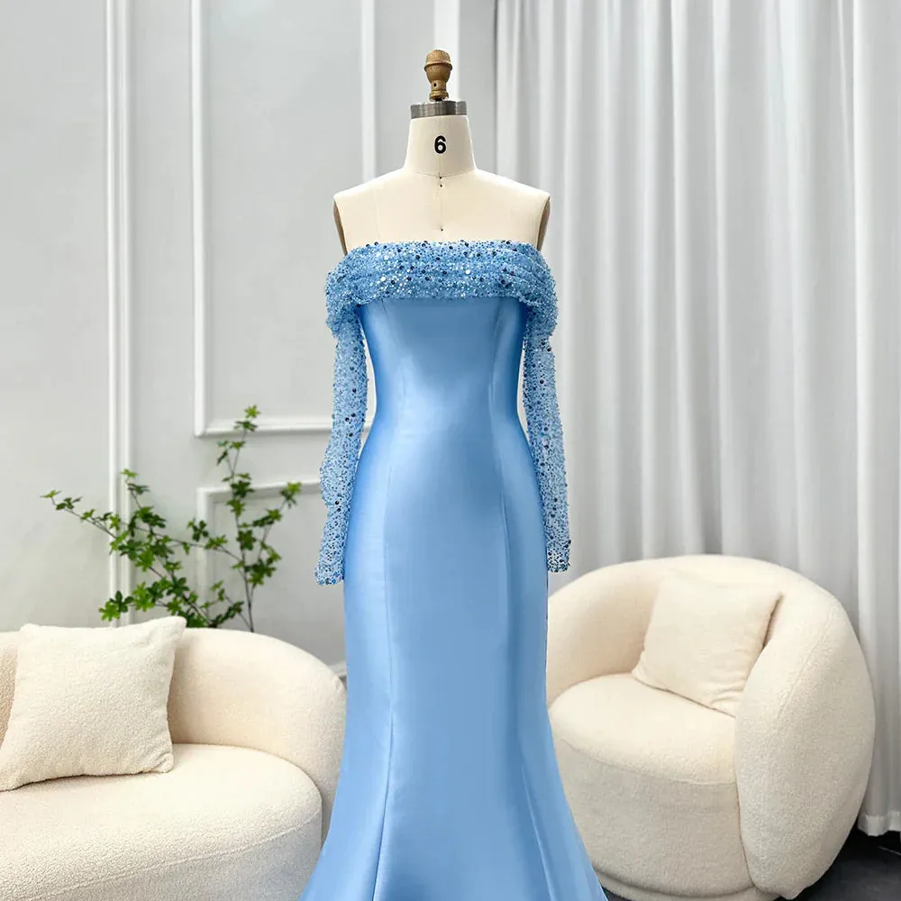 Elegant Off Shoulder Blue Long Sleeves Mermaid Evening Dress SF079