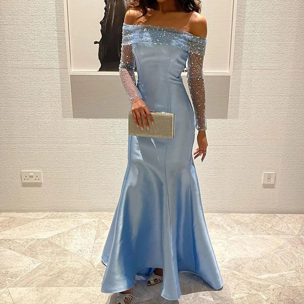 Elegant Off Shoulder Blue Long Sleeves Mermaid Evening Dress SF079