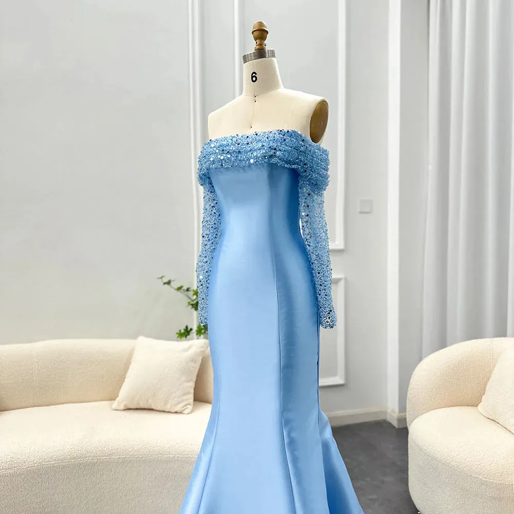 Elegant Off Shoulder Blue Long Sleeves Mermaid Evening Dress SF079
