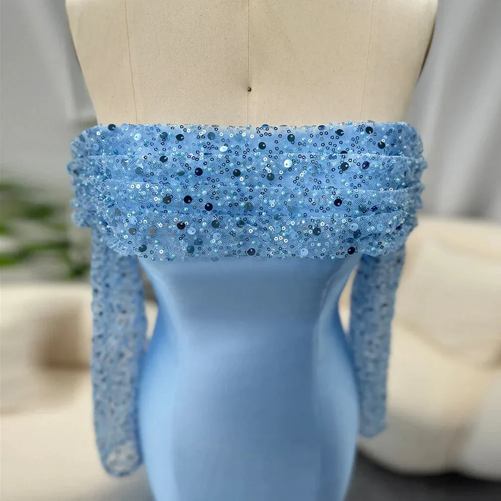 Elegant Off Shoulder Blue Long Sleeves Mermaid Evening Dress SF079