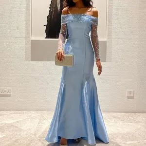 Elegant Off Shoulder Blue Long Sleeves Mermaid Evening Dress SF079