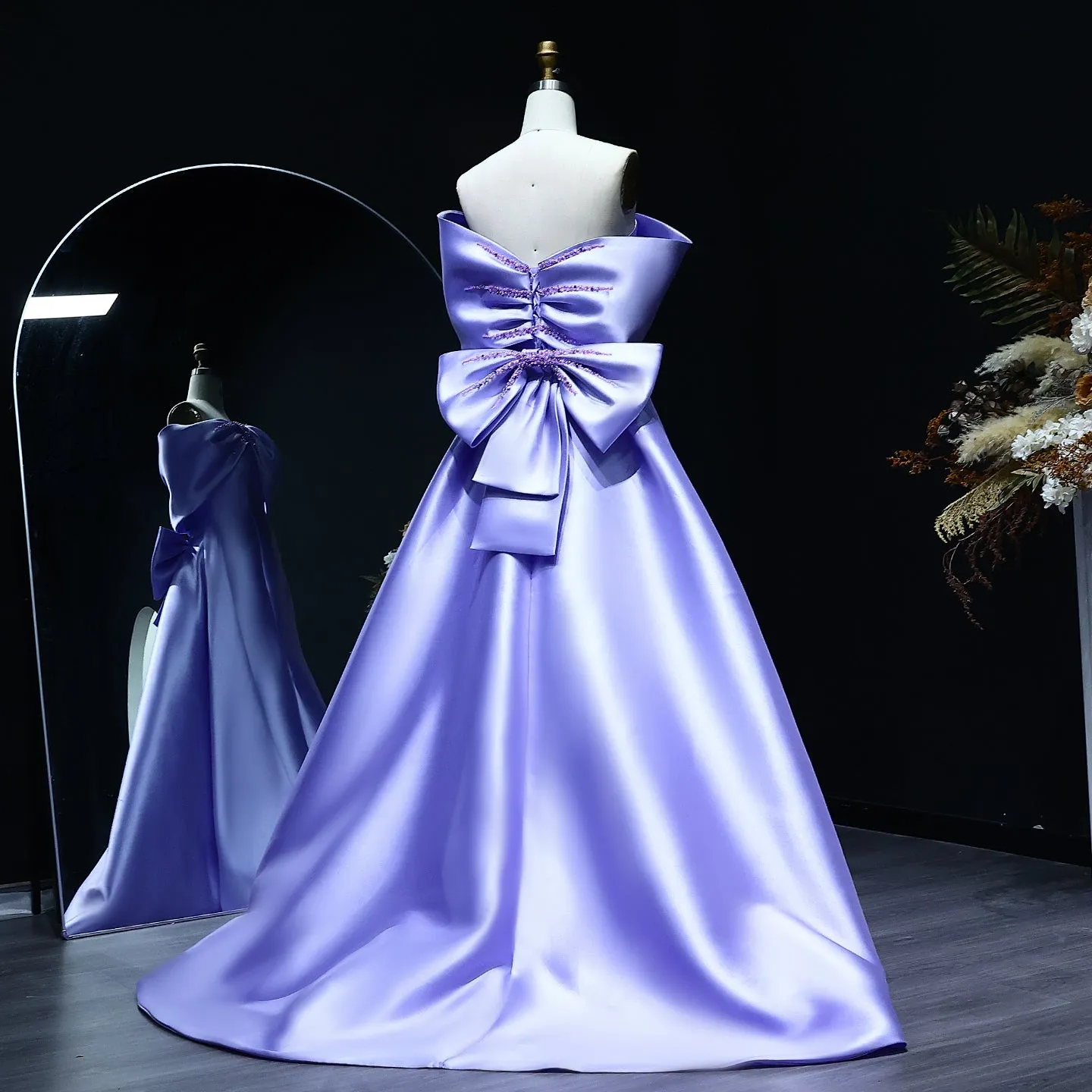 Elegant Off Shoulder Lilac Evening Dress with Overskirt SF084