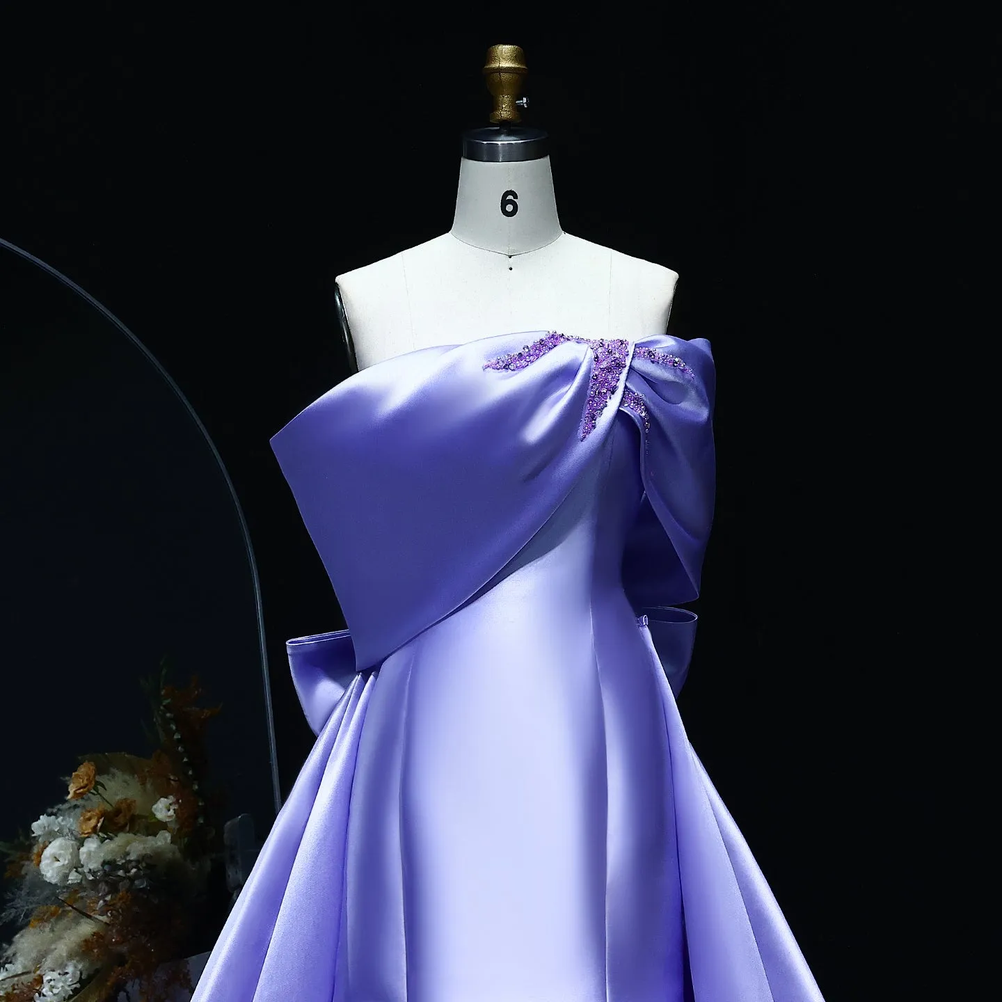 Elegant Off Shoulder Lilac Evening Dress with Overskirt SF084