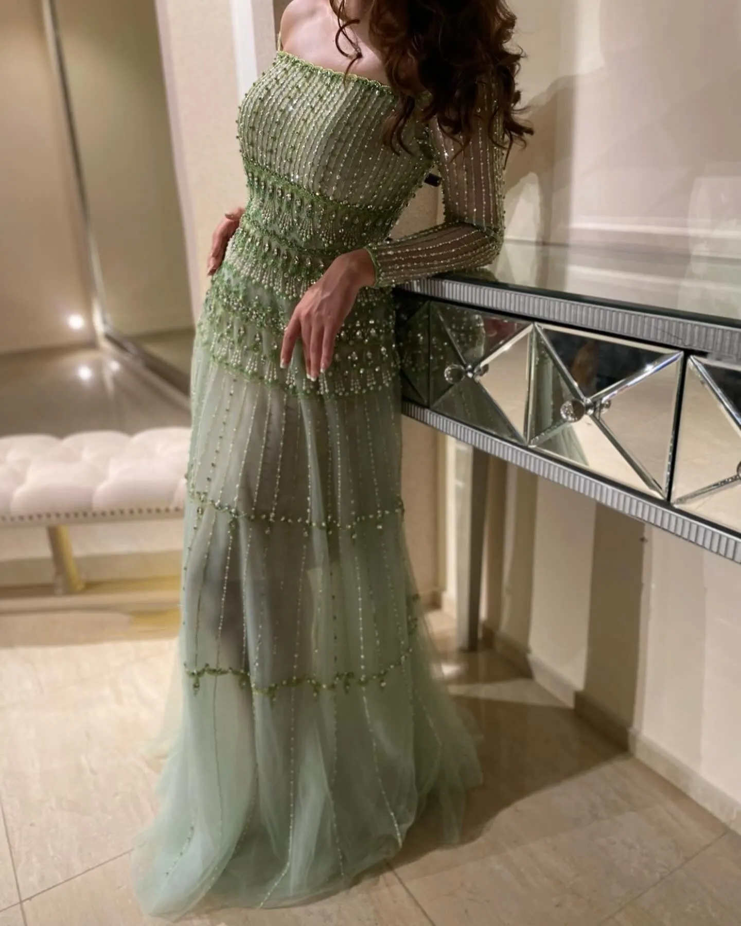Elegant Off Shoulder Sage Green Evening Dress SS588