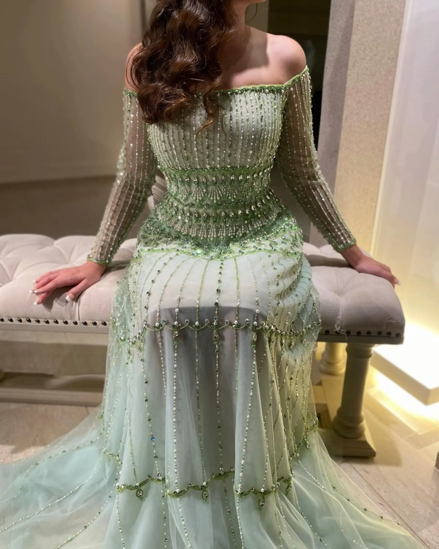 Elegant Off Shoulder Sage Green Evening Dress SS588