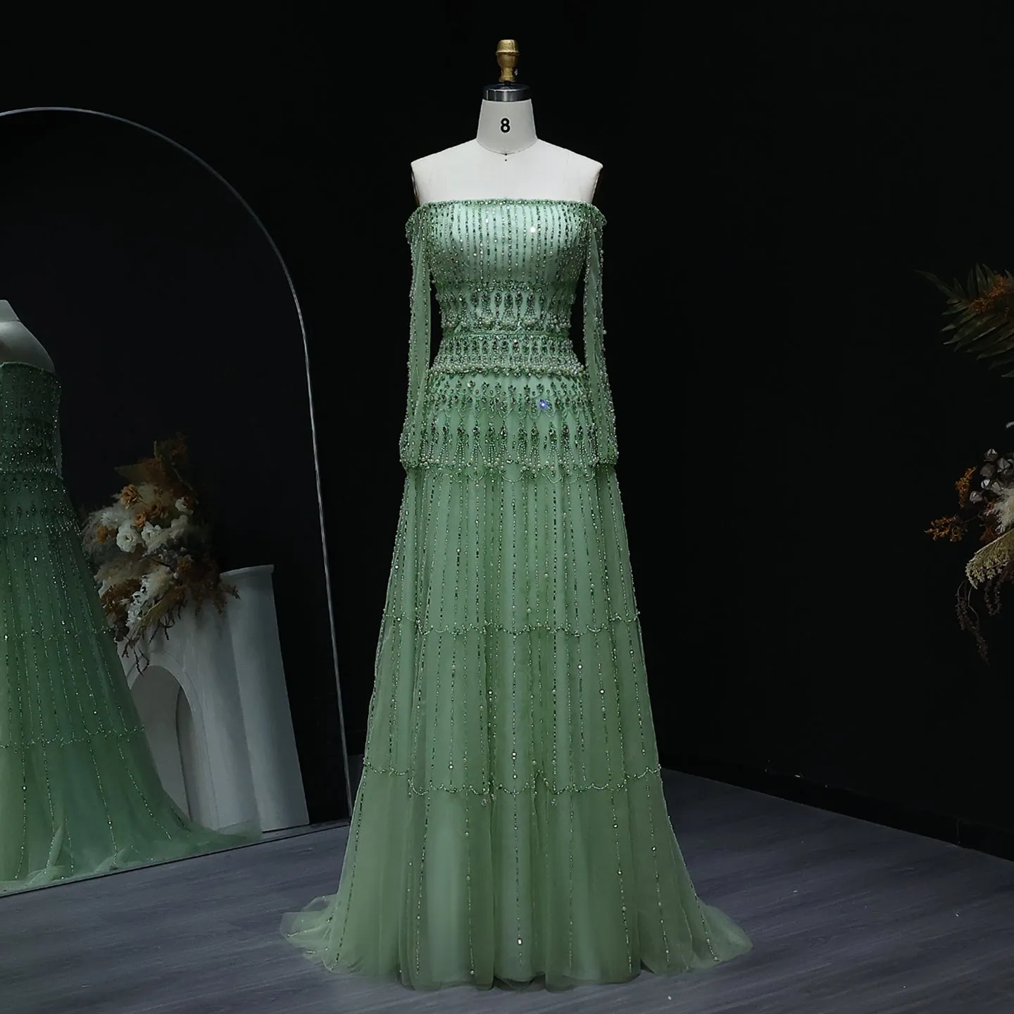 Elegant Off Shoulder Sage Green Evening Dress SS588