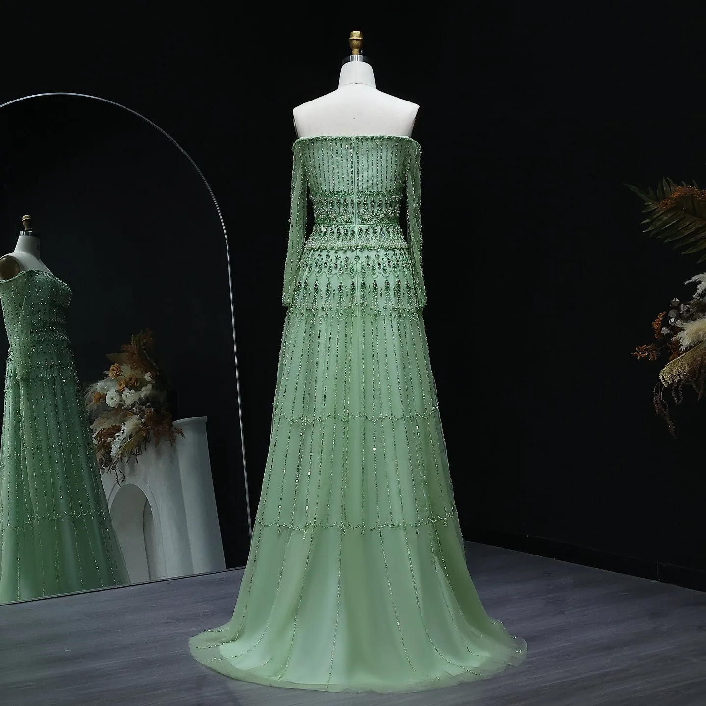 Elegant Off Shoulder Sage Green Evening Dress SS588
