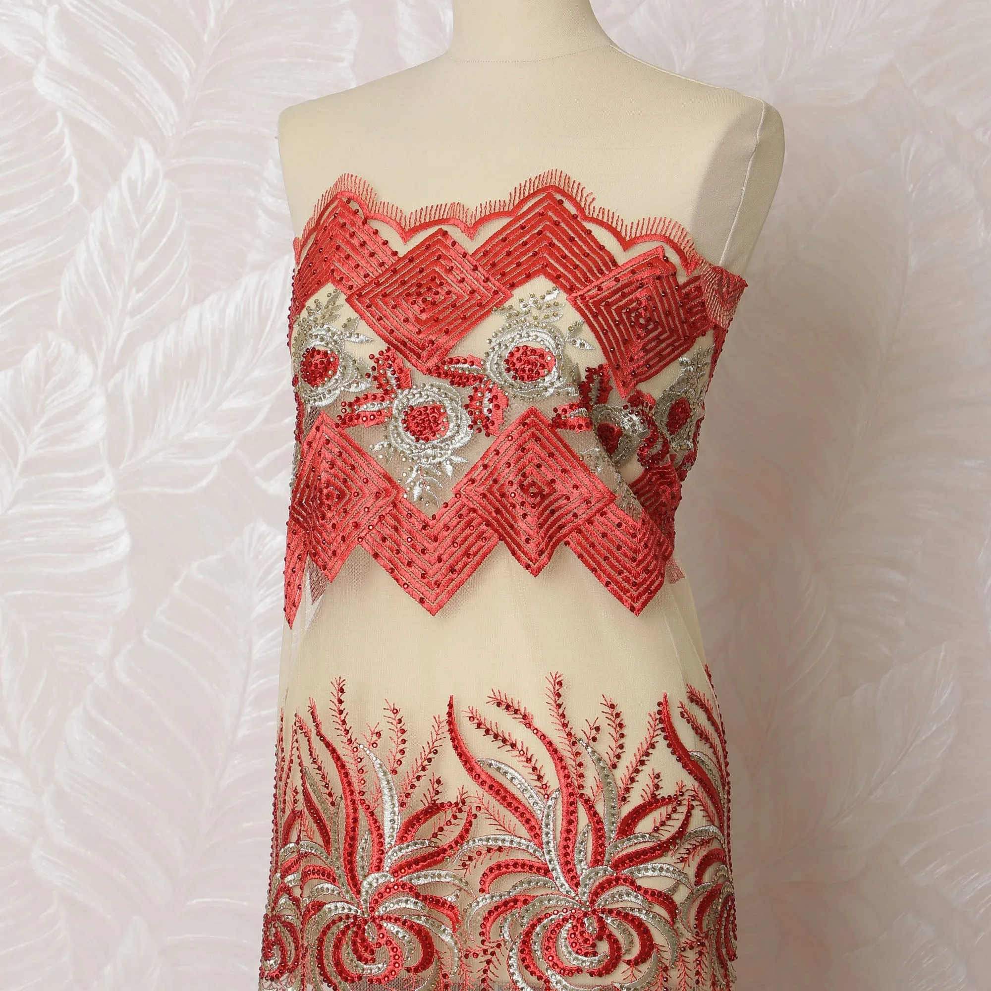 Elegant Red and Cream Embroidered Nylon Tulle Fabric, 140 cm Wide â€“ Ornate Geometric and Floral Design-D19240