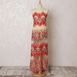 Elegant Red and Cream Embroidered Nylon Tulle Fabric, 140 cm Wide â€“ Ornate Geometric and Floral Design-D19240